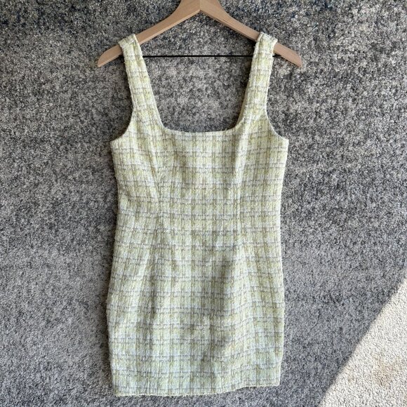 Rumored Sheath Mini Dress Womens 8 Yellow Plaid Square Neck Woven Tweed Summer - Picture 1 of 6